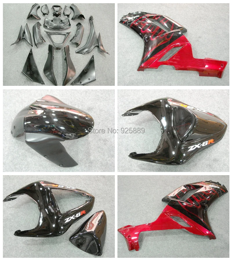 

100%NEW+ Red Flame Black Fairing Kit FOR KAWASAKI NINJA ZX 6R 636 07 08 ZX-6R 07-08 ZX6R 2007 2008 ZX 6R 07 08 Fairings X3ws