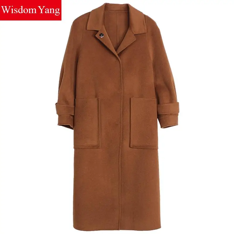 Женское шерстяное пальто с отложным воротником Коричневое Пальто из 100% овечьей