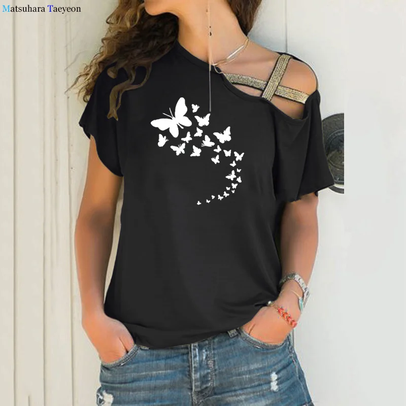 

Oversized T Shirt Butterflies Print Tshirt Loose Short Sleeve Graphic Tee Plus Size Cotton T-shirt Summer Women Black Tops
