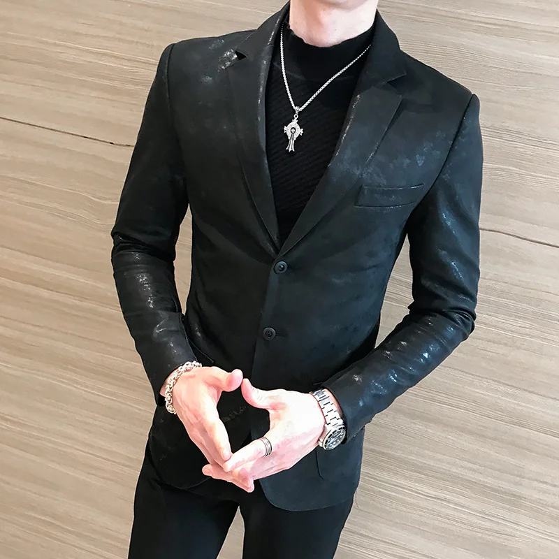 

Korean Suit Coat Slim Fit Blazer Hombre PU Leather Jacket Fashion Prom Blazers For Men Men Business 2019 Autumn Terno Masculino