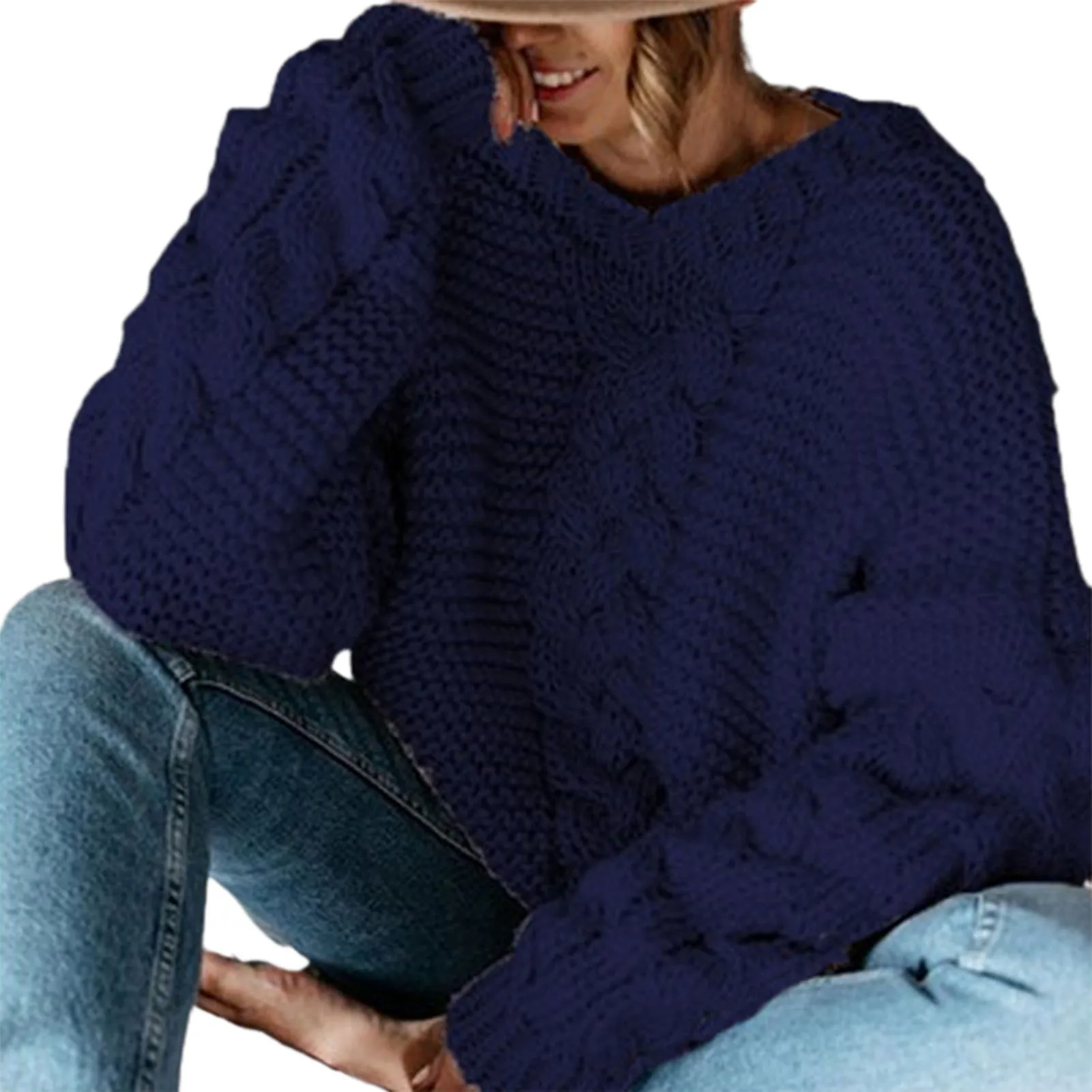 Женский вязаный свитер с V-образным вырезом однотонный Повседневный Свободный