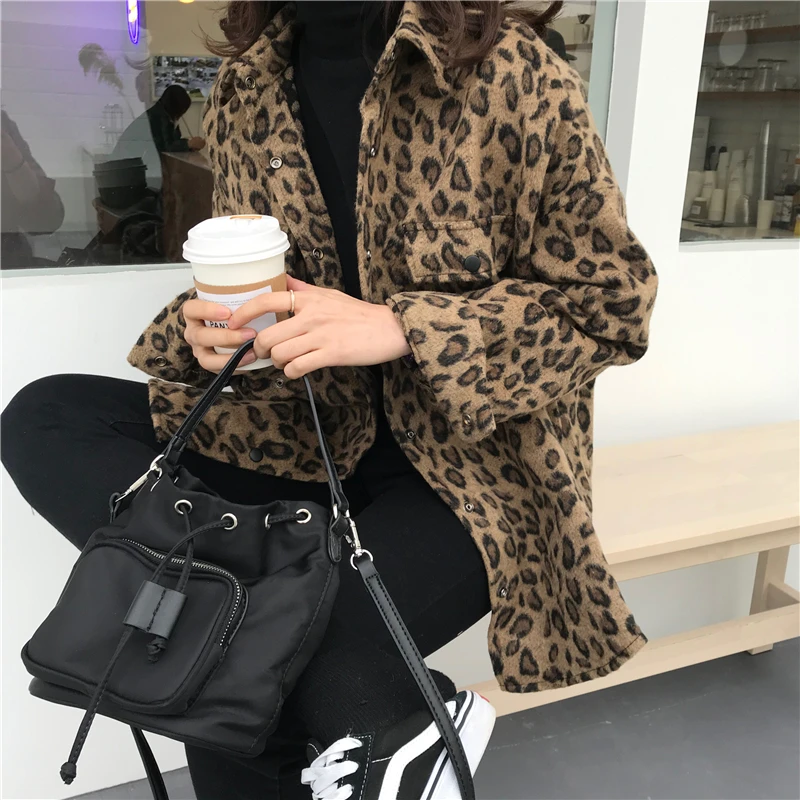 

Женское шерстяное пальто с леопардовым принтом, повседневная однобортная куртка с длинным рукавом, верхняя одежда для весны и осени