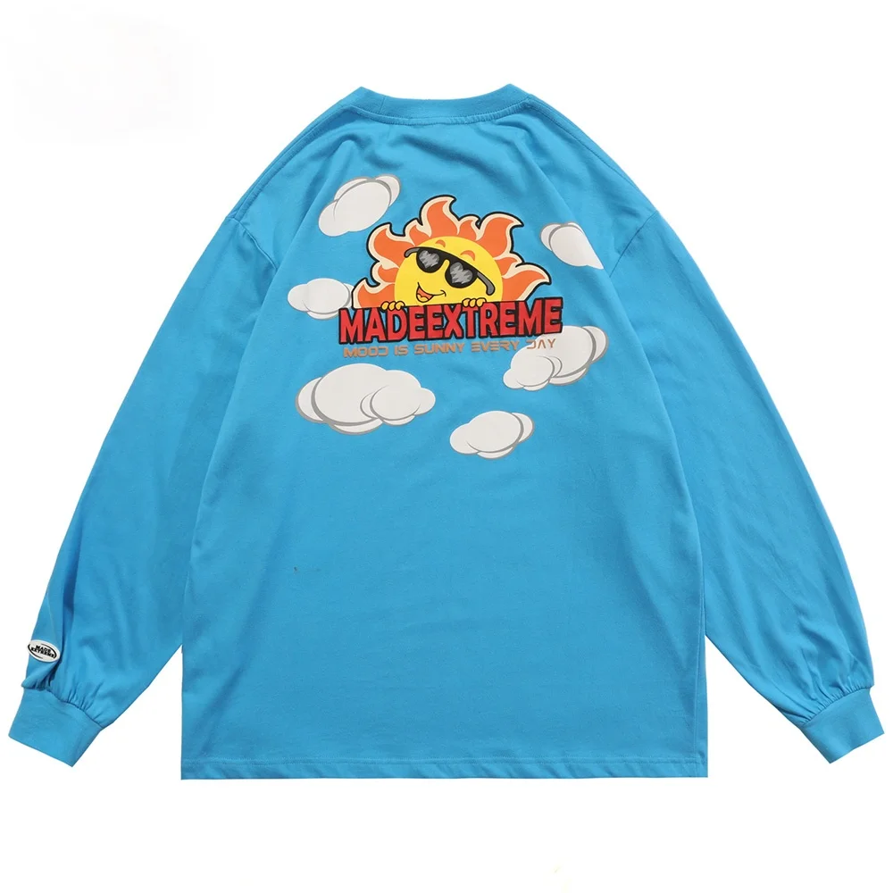 

Oversized T Shirts Men Hip Hop Funny Cartoon Sun Cloud Print Long Sleeve T shirts Streetwear Harajuku Casual Cotton Tops 2021