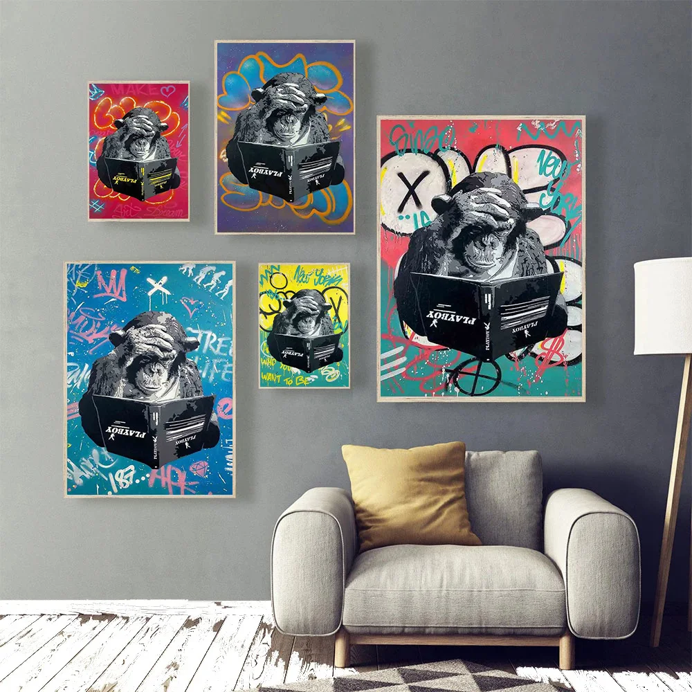 

Graffiti Art Canvas Painting Thinking Monkey Poster and Print Banksy Wall Pictures for Office Living Room Corridor Home Decor