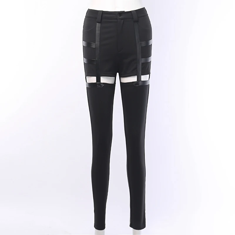 Готический черный сексуальный уличная ПУ повязки Высокая талия женские брюки