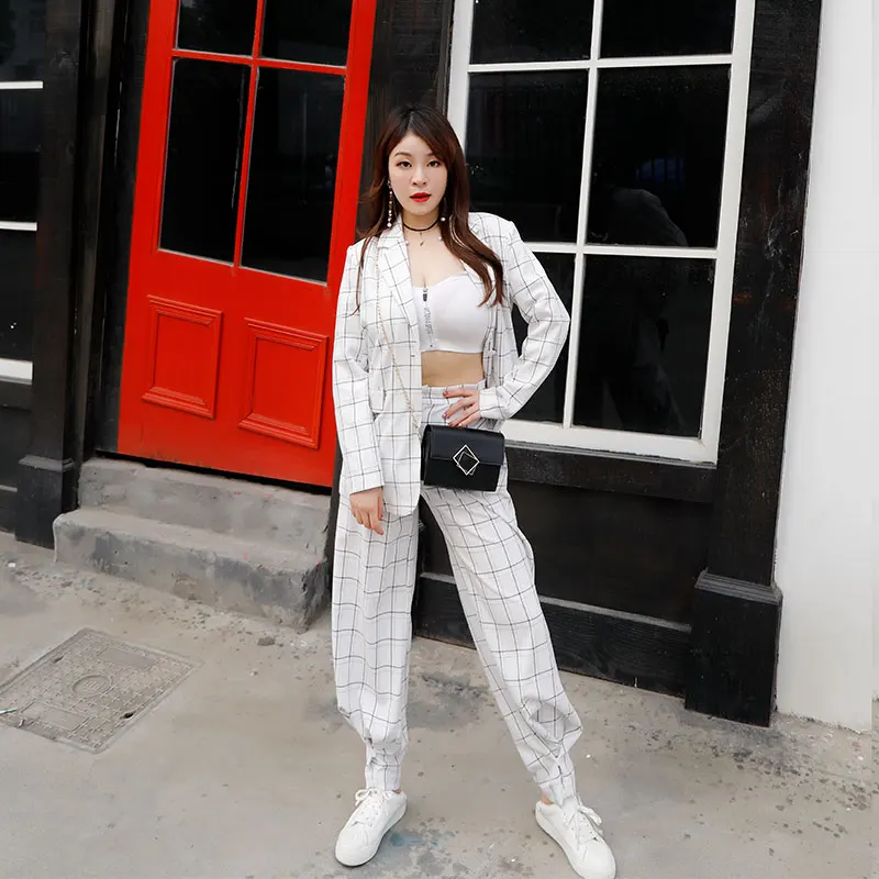 AMOR LIVE осенний клетчатый повседневный костюм куртка для женщин винтажный