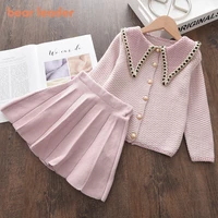 bear leader girls baby winter knitted clothes sets fashion kids elegant plaid sweaters tops and skirt outfits princess knitwear