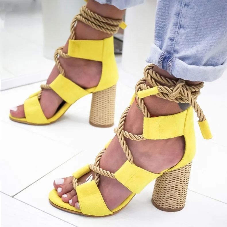 Сандалии женские на высоком каблуке босоножки-гладиаторы с пеньковой веревкой