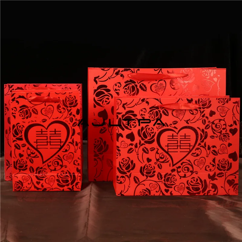 

100 шт./лот бумажный пакет в китайском стиле в форме сердца красного цвета с двойным счастьем для свадебного подарка с ручкой оптовая продажа ...