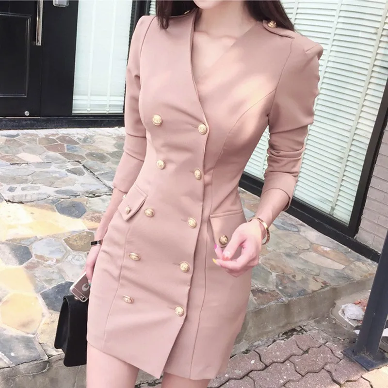 Korean Office Ladies Slim Fit V Neck Blazer Dress Women Double Breasted Sexy Wrap Mini Outwear Suit Party Bodycon Vestidos | Женская