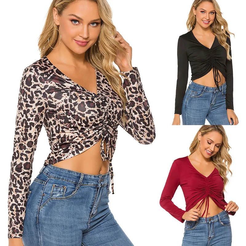 Укороченный топ с V образным вырезом и длинным рукавом Женская Осенняя