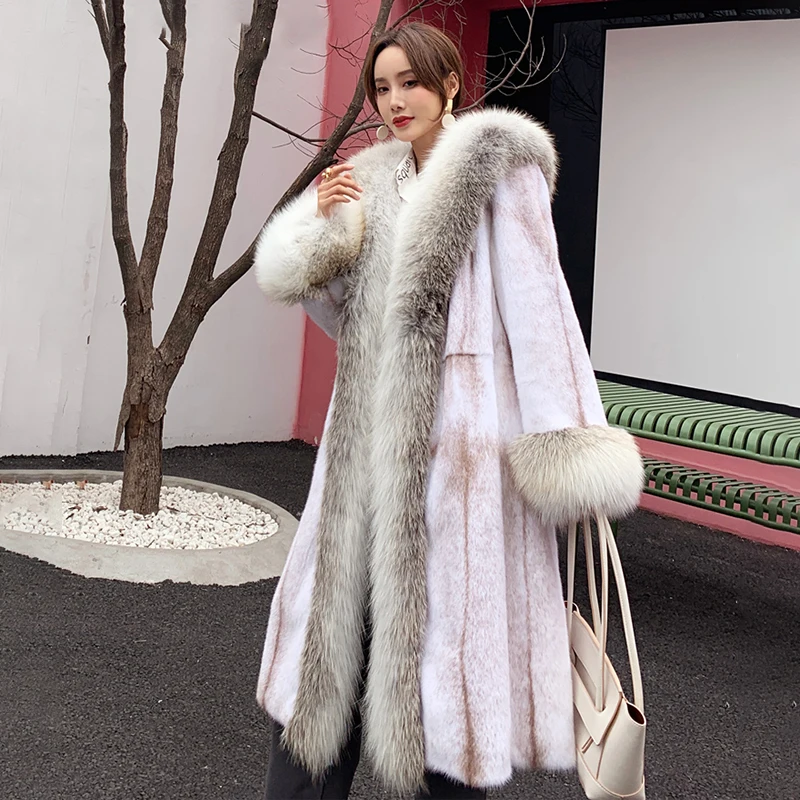 FURSARCAR 2021 New Luxurious Real Mink Fur Jacket Women Winter Natural Golden Fox Fur Coat Fashion Long Mink Outwear