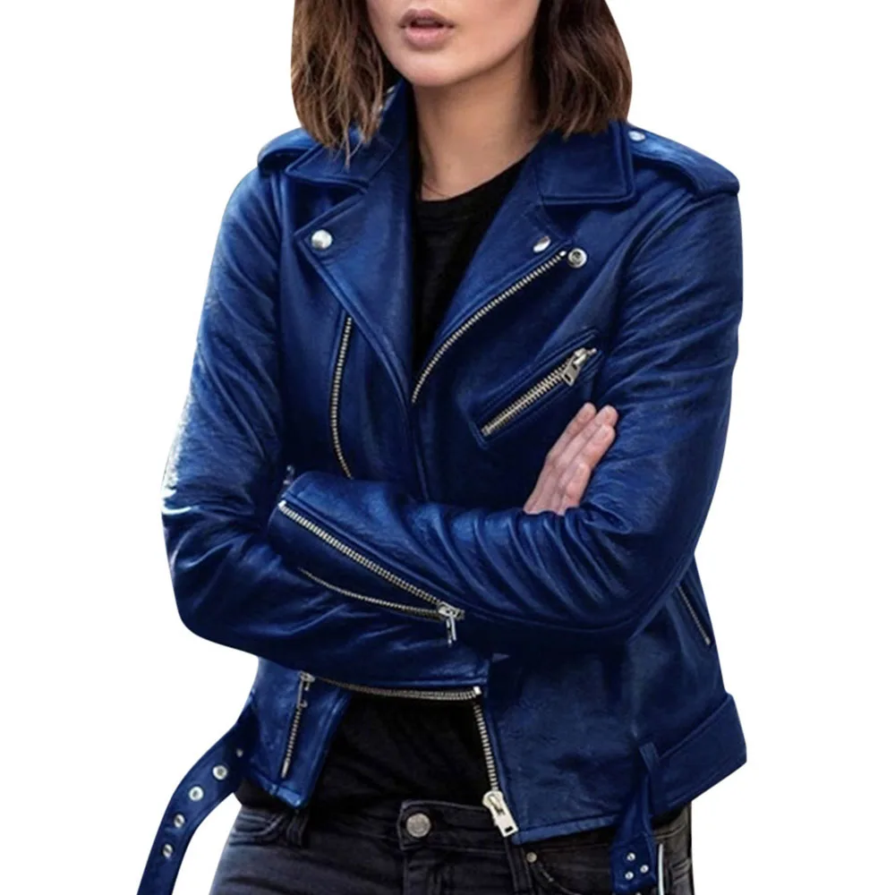 Women's Autumn And Winter Plus Size Jacket Faux Leather Long-Sleeved Short Punk Style Zipper Lapel Solid Color Motorcycle Jacket enlarge