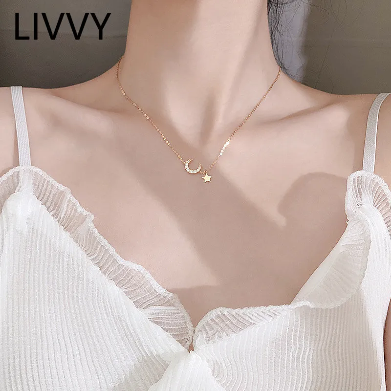 

LIVVY Silver Color Micro-inlaid Shiny Zircon Moon Star Pendant For Women Clavicle Chain Necklace Jewelry Gifts