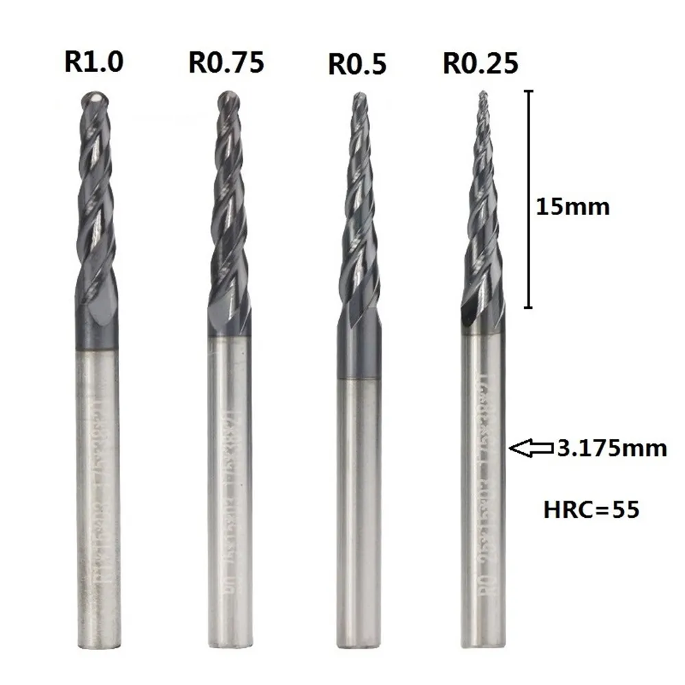 

1pc r0.25 / r0.5 / r0.75 / r1.0 3.175mm tapered shank ball nose end mill wood carbide engraving bit router cnc milling cutter