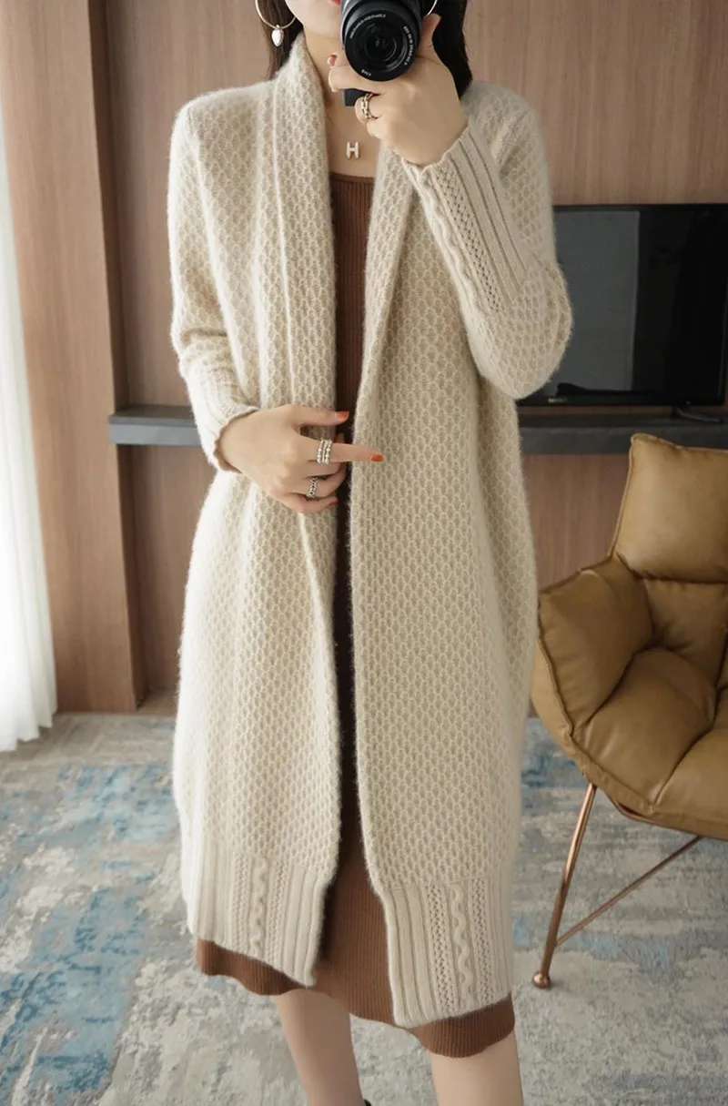 

Thick mid-length cashmere cardigan coat women's autumn and winter new style V-neck over the knee with 100% cardigan coat on sale