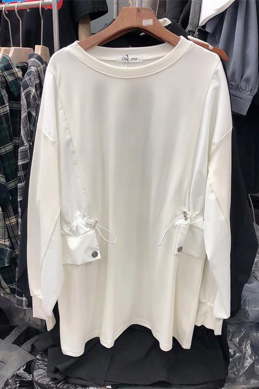 

2021 Spring New Hong Kong Style Stitching Drawstring Loose Long-Sleeved T-shirt Personalized Simple Top Women's Fashion
