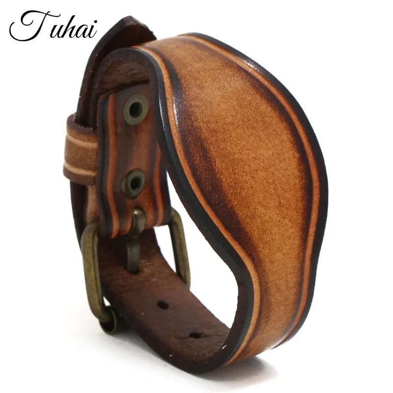 

Punk Exaggerated Wide Brown Genuine Leather Bracelet for Men Vintage Retro Creative Wrap Unisex Bangle Jewelry