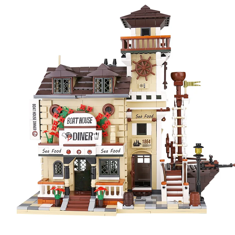

12003 2196PCS Street Building Toys The Boat House Diner Model Building Blocks Bricks 16050 Assembly Toys As Kids Christmas Gifts