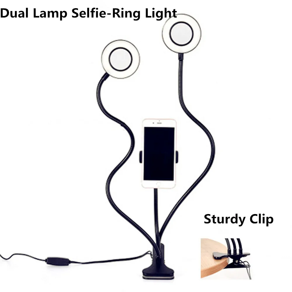 Кольцевой светильник для селфи с двойной головкой светской гибкой ручкой зажим