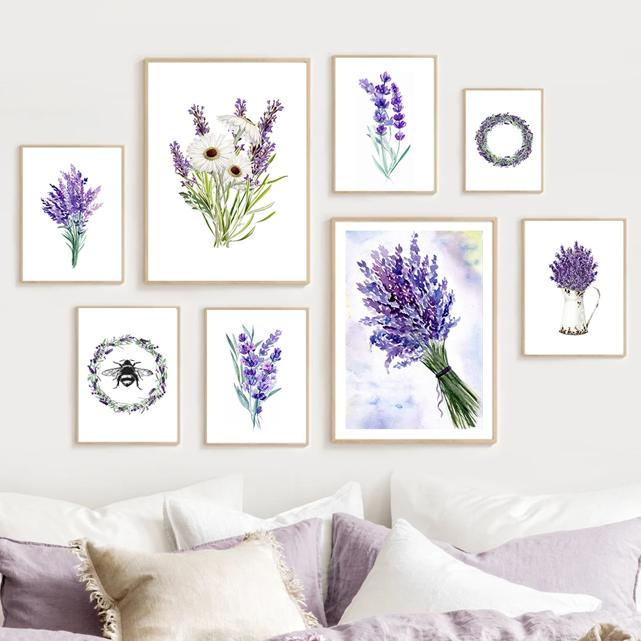 

Purple Lavender Bouquet Violet Daisy Bee Wall Art Canvas Painting Nordic Posters And Prints Wall Pictures For Living Room Decor