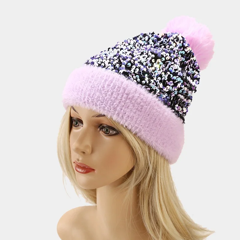 

ncmama Brand Winter knitted Beanies Hats Women Luxury Bing Sequins Beanie Skullies Female Fur Pompom Hat Bonnet Beanie Caps