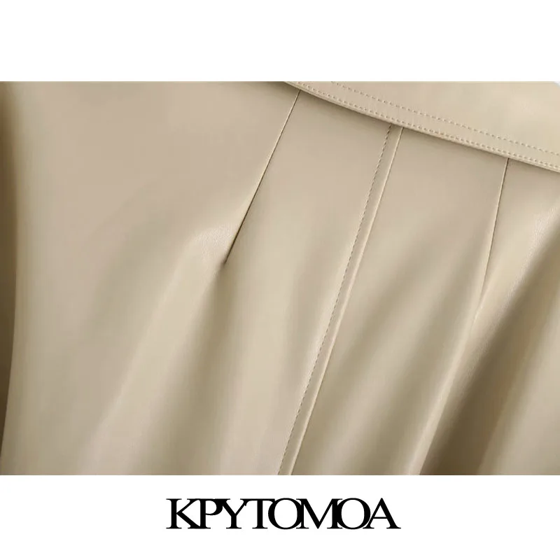 

KPYTOMOA Women 2020 Fashion With Belt Faux Leather Trench Coat Vintage Long Sleeve Side Vents Female Outerwear Chic Tops