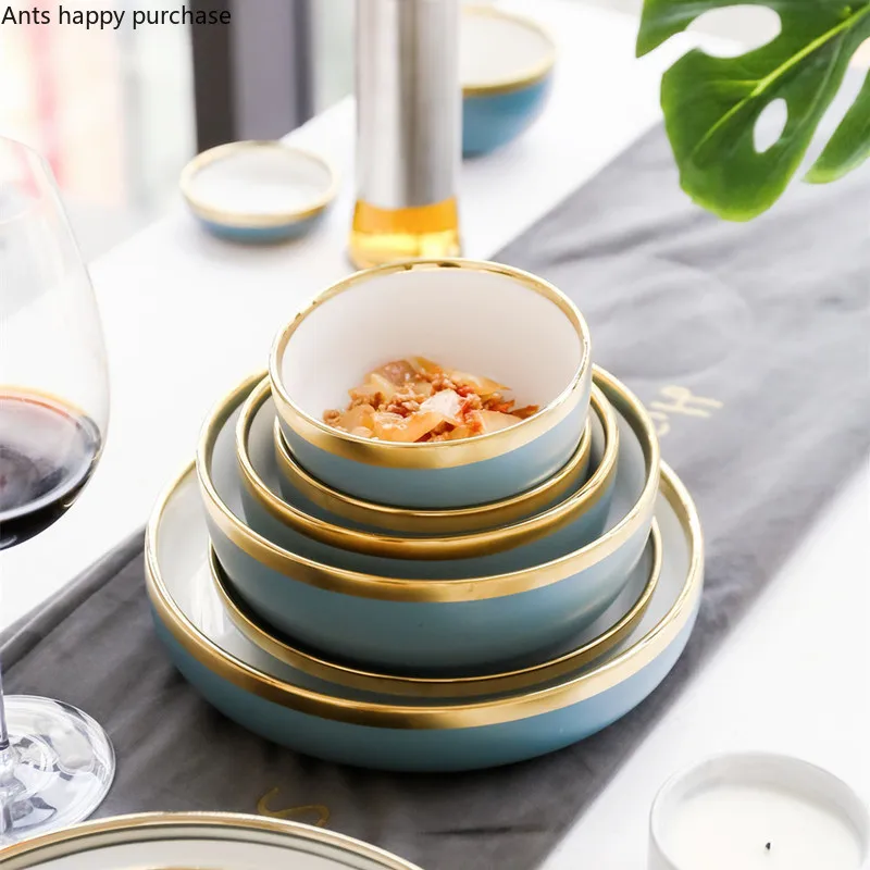 Скандинавский синий CeramicsGolden Rim посуда и тарелки наборы посуды тарелка лапша суповая чаша Западная еда стейк обеденная посуда тарелки