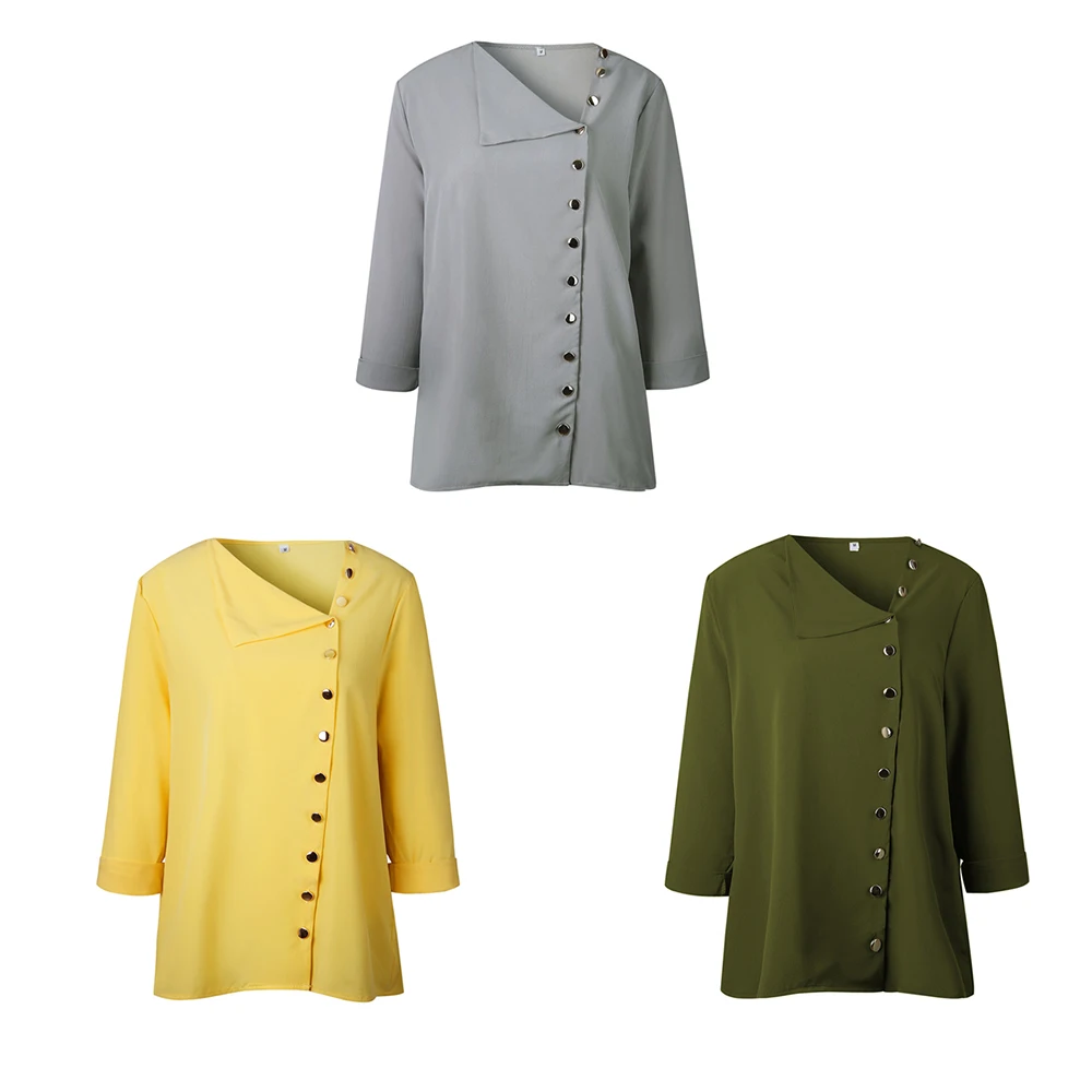 Одноцветная Свободная рубашка с ассиметричным воротником длинным рукавом