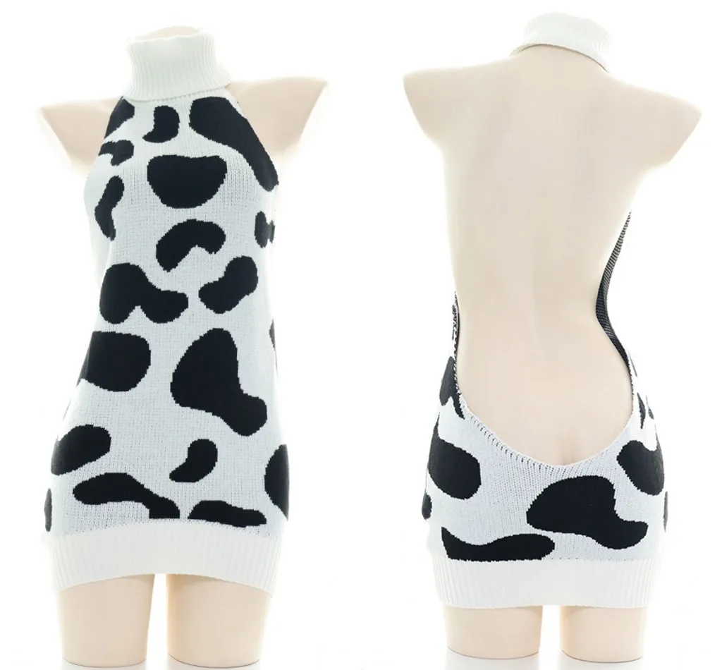 

Virgin Killer Sexy Lolita Cow Pattern Backless Knitted High Collar Sweater Women Black White Sleeveless Jumpsuits Underwear Set