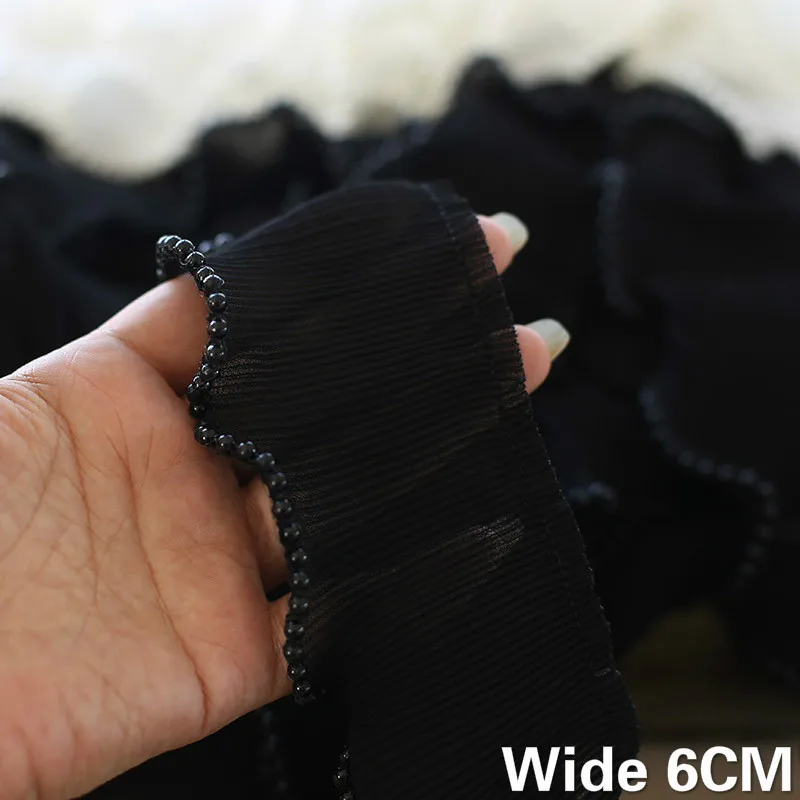 

6CM Wide White Black Chiffon Pleated Fabric Lace Elastic Ruffle Trim Beaded Fringe Ribbon Collar Cuffs DIY Sewing Guipure Decor