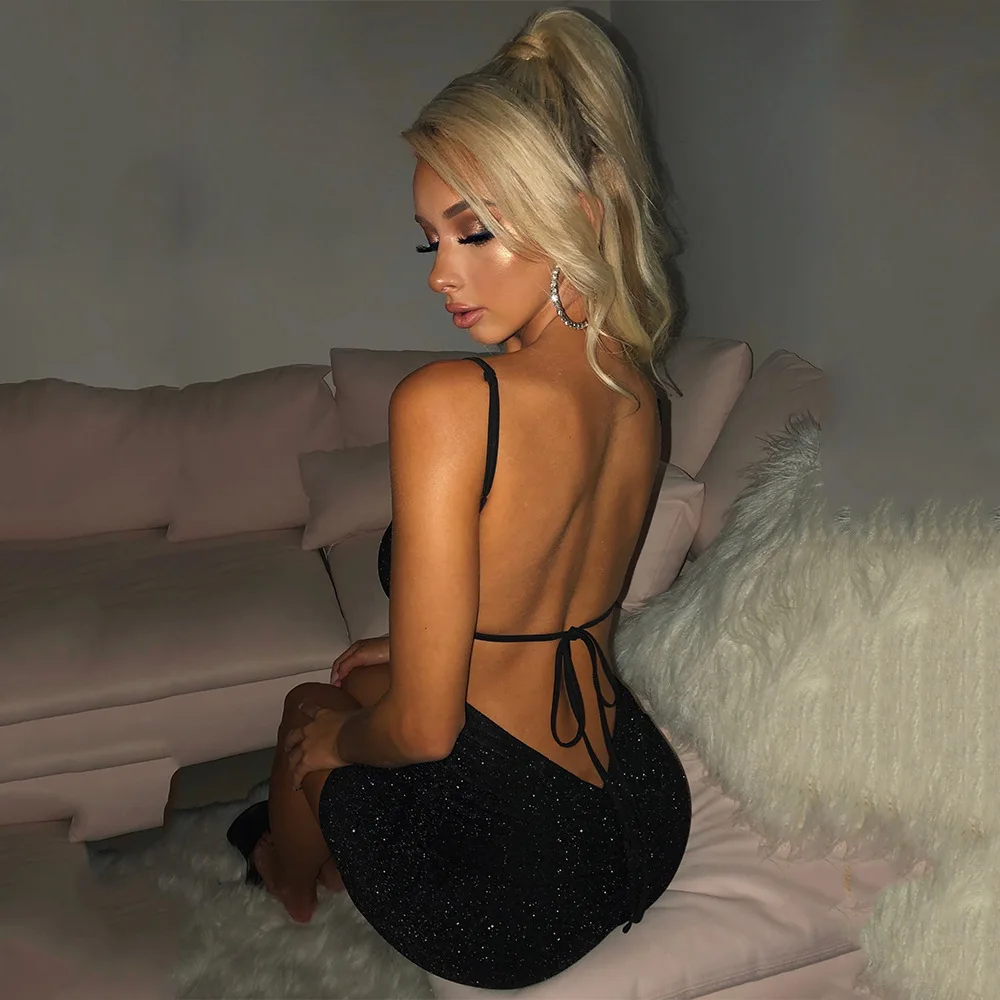 

Lillia Bling Glitter Sequin Women Strap Mini Dress Ruched Lace Up Backless Bodycon Sexy Party Club 2022 Autumn Winter Elegant