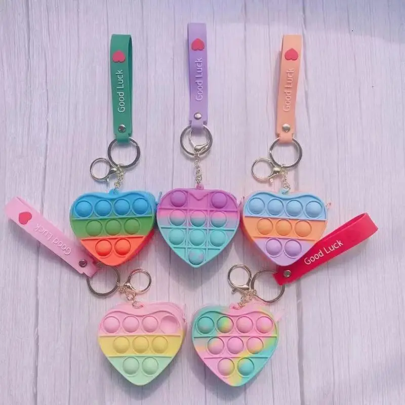 

Silicone Coin Purse Wallet Ladies Colorful Fidget Push Bubble Bag Cartoon Love Keychain Pendant Stress Relief Bags For Girls