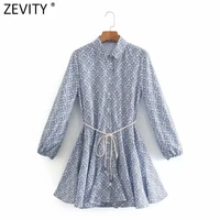zevity women vintage totem floral print big swing ruffles mini shirt dress female chic breasted lace up sashes vestidos ds8133