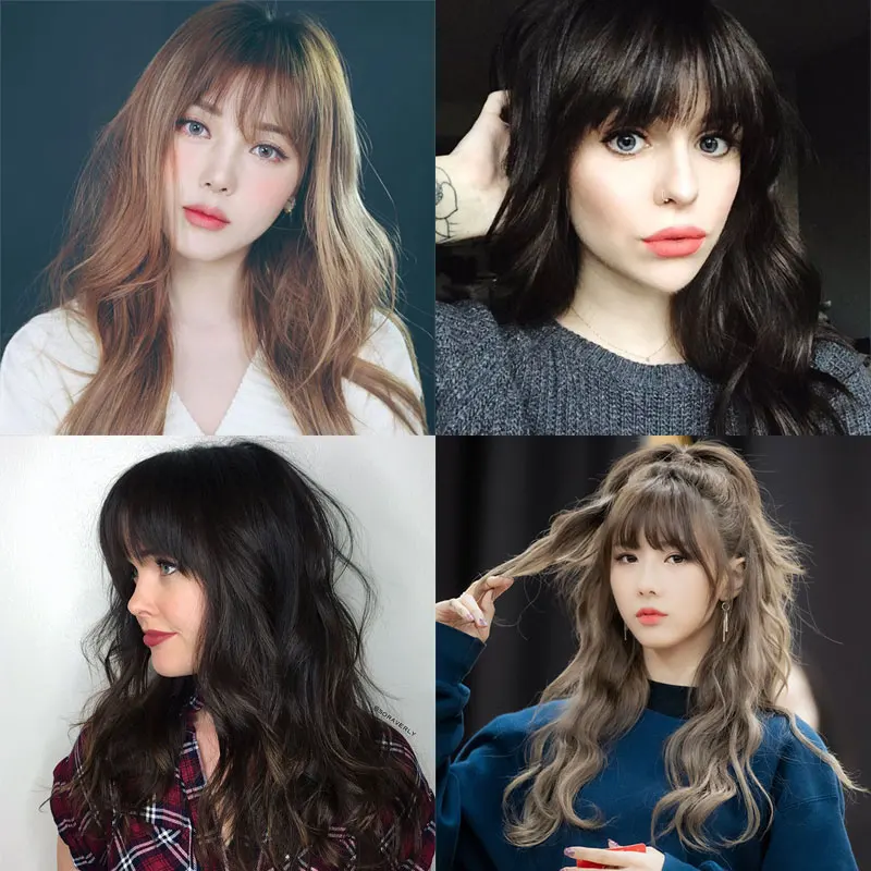 

Long Curly Wavy Hair with See Through Bangs Synthetic Hair Lolita Wig Natural Hair Color Black Brown Wigs for Women MUMUPI