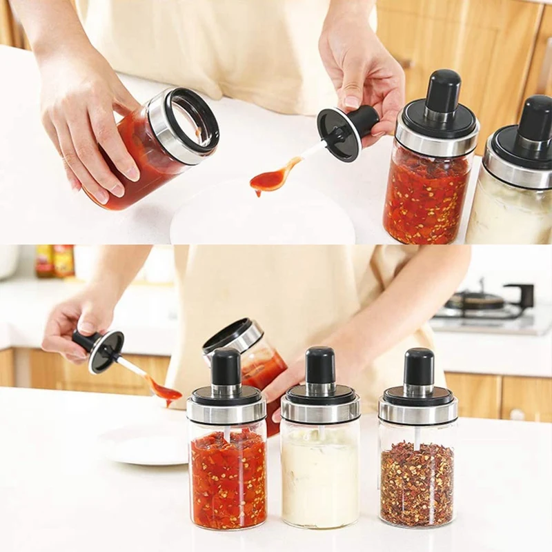 

3 Pcs Glass Spice Jars Seasoning Box Jar Condiment Jar, with Spoon and Lid Design, Empty Jars 8.45 Oz