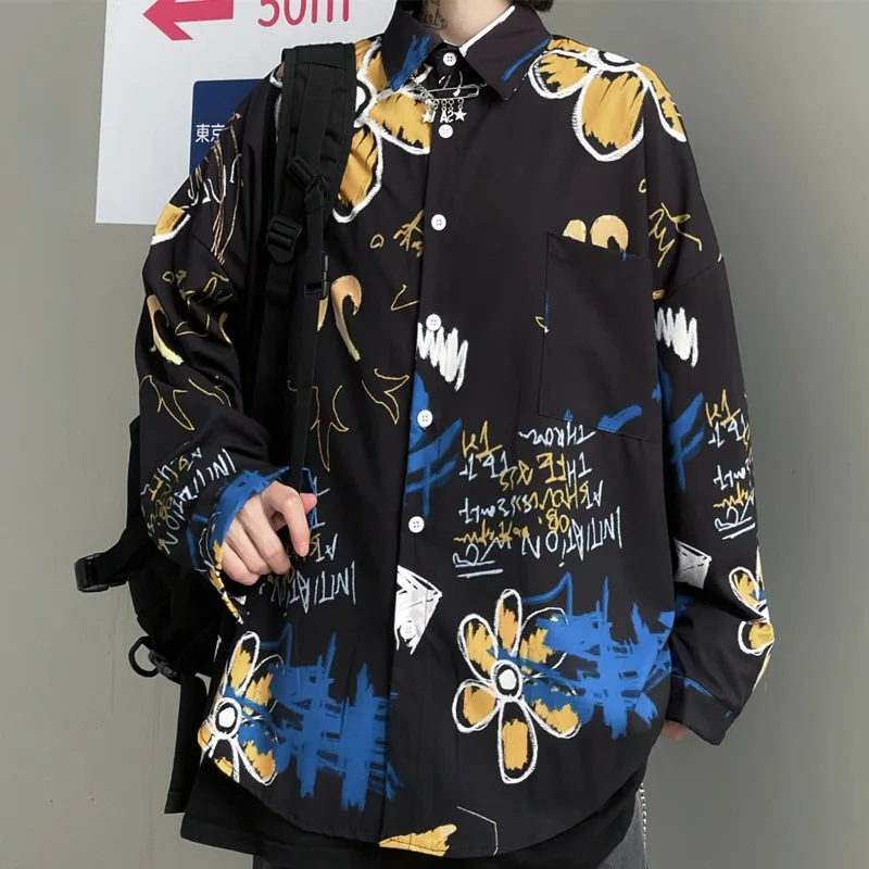 Graffiti Shirt Mens Long Sleeve Print Shirt Loose Button Cardigan Shirts for Men Autumn Thin Coat Mens Fashion Clothing