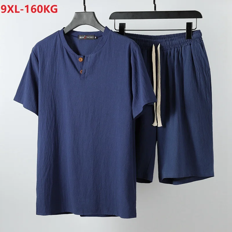 

high quality summer Japan style short sleeve tshirt and shorts Men linen vintage big size 8XL 9XL oversize cheap big sale tops