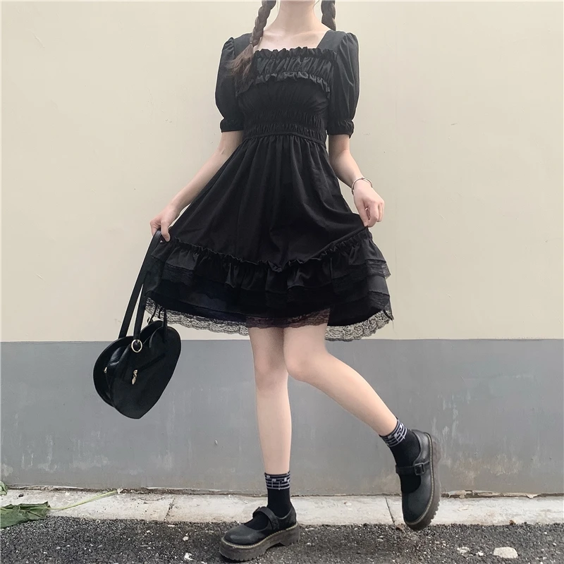 

Elegant Princess Mini Dress Summer Lolita High Waist Sexy Black Lace Plus Size Dress Gothic Puff Sleeve Party Vestidos 2021