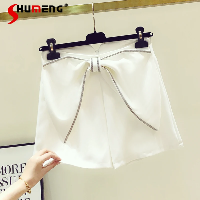 

Женские шорты с завышенной талией, элегантные однотонные широкие шорты с 3d-бантом Стразы, лето 2021