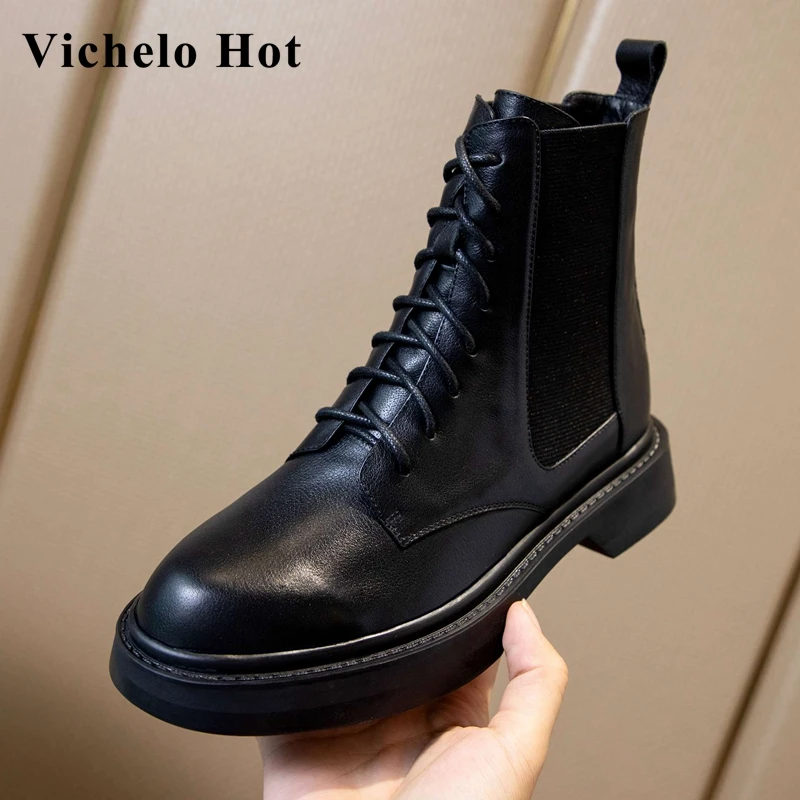 

Vichelo Hot genuine leather round toe med heel riding boots British style young lady streetwear fashion lace up ankle boots L97