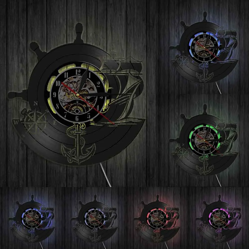 Настенные часы с винтажным якорем виниловыми пластинами Сейлор Морской Компас