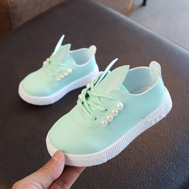 

2021 Newest Fashion Children Running Girls Green Pu Shoes Slip-On Pearl Rabbit Babys Sneakers
