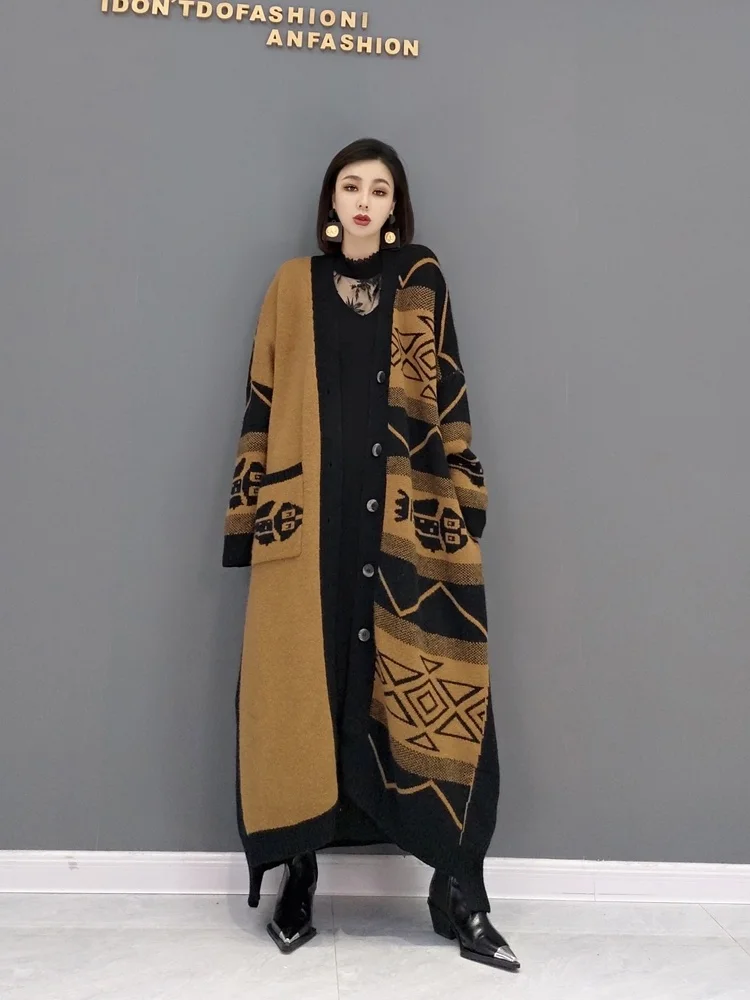 QING MO Spring Winter Fashion Retro Printing Sweater Jacket Women 2022 New Plus Size Single Breasted Knitted Long Coat ZWL1077 | Женская