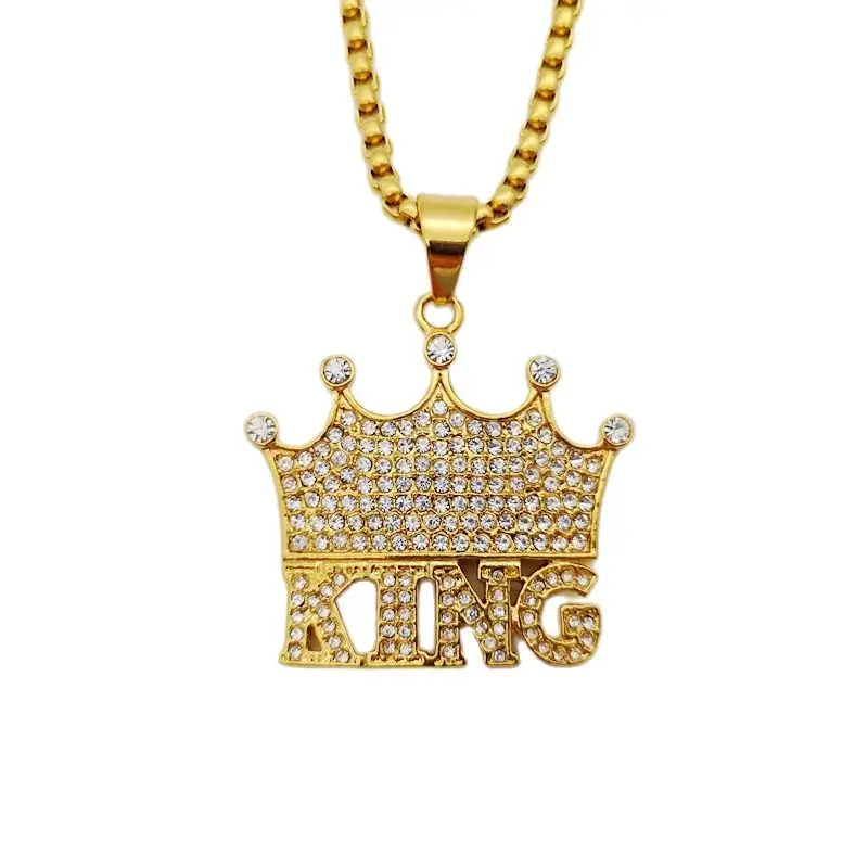 БлингБлинг полная корона-подвеска KING с кристаллами, золотая нержавеющая сталь, корона Короля хип-хопа рэпера, танцора.