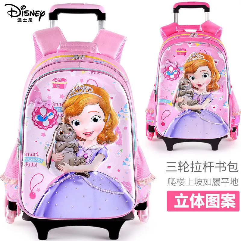 Оригинальная школьная сумка Disney для девочек начальной школы От 8 до 12 лет, трехколесная Детская сумка на колесиках с изображением принцессы ...