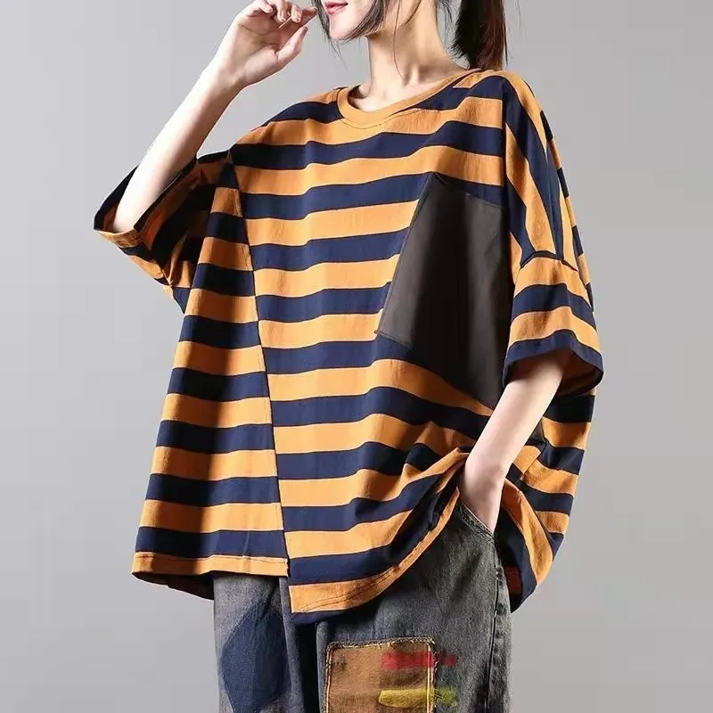 

Женская хлопковая футболка, свободная Асимметричная футболка в полоску, с коротким рукавом, круглым вырезом, в Корейском стиле, для лета, 2021,...