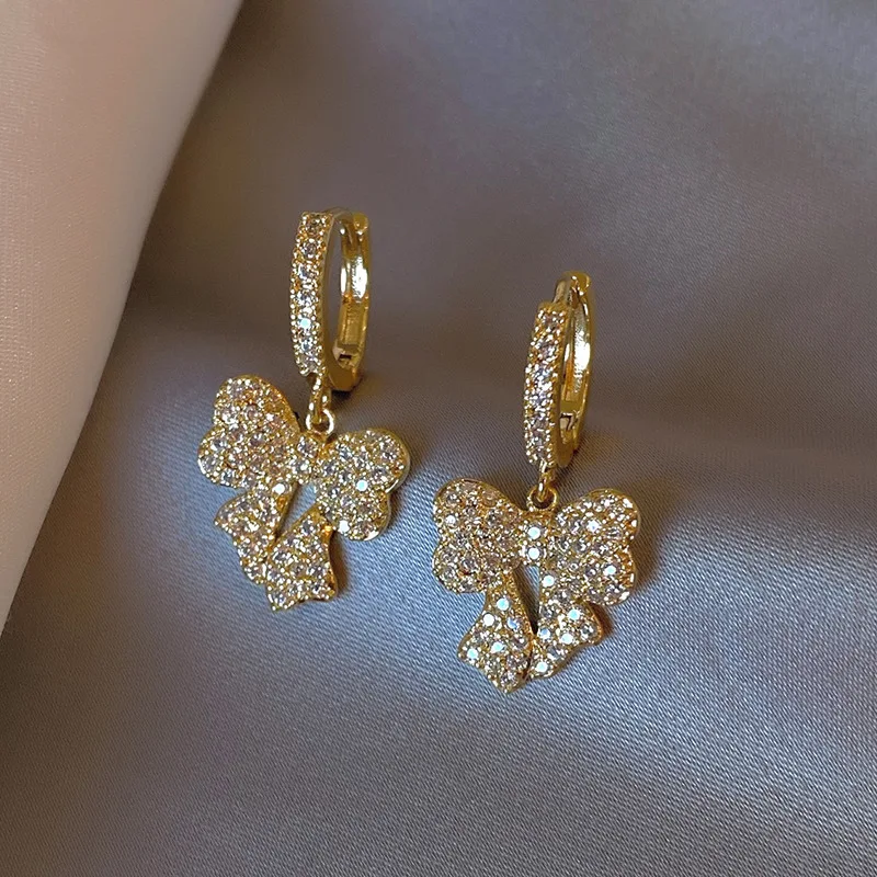

Korea New Design Fashion Jewelry Exquisite Sweet Bow Zircon Pendant Earrings Luxury Women's Banquet Party Accessories