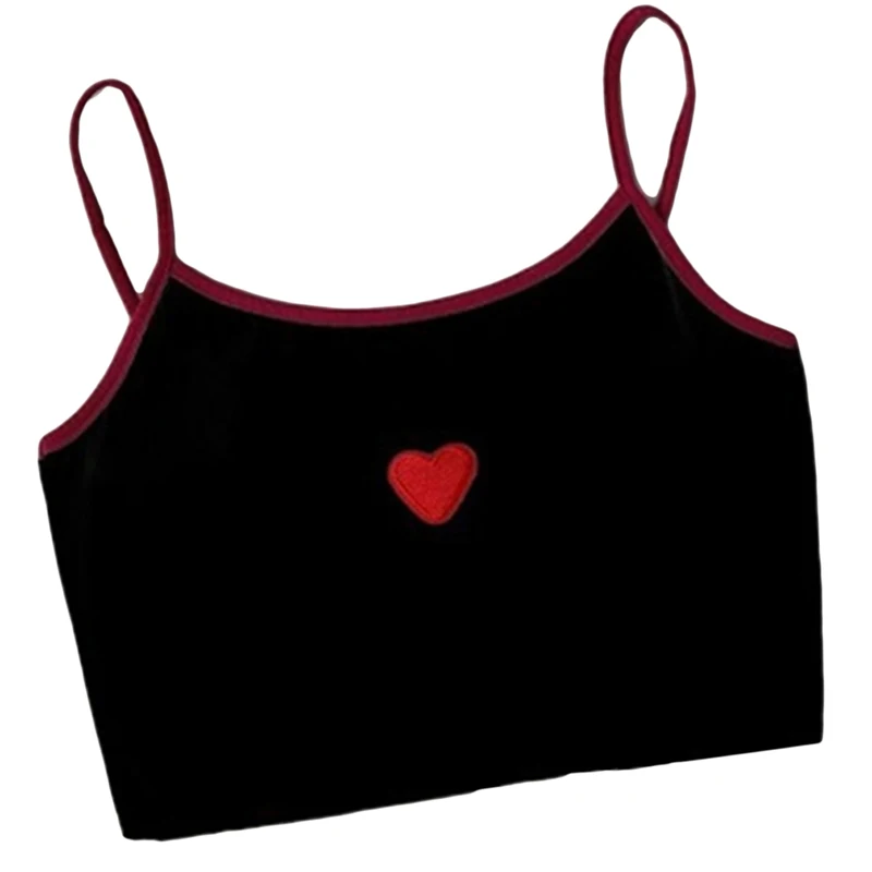 

2020 Summer Women Crop Top Cropped Ladies Spaghetti Strap Elastic Camisole Sexy Love Heart Embroidery Tank Tops