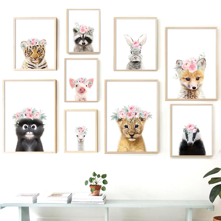 

Flower Fox Lion Tiger Rabbit Raccoon Pig Nordic Posters And Prints Wall Art Canvas Painting Animal Wall Pictures Kids Room Decor